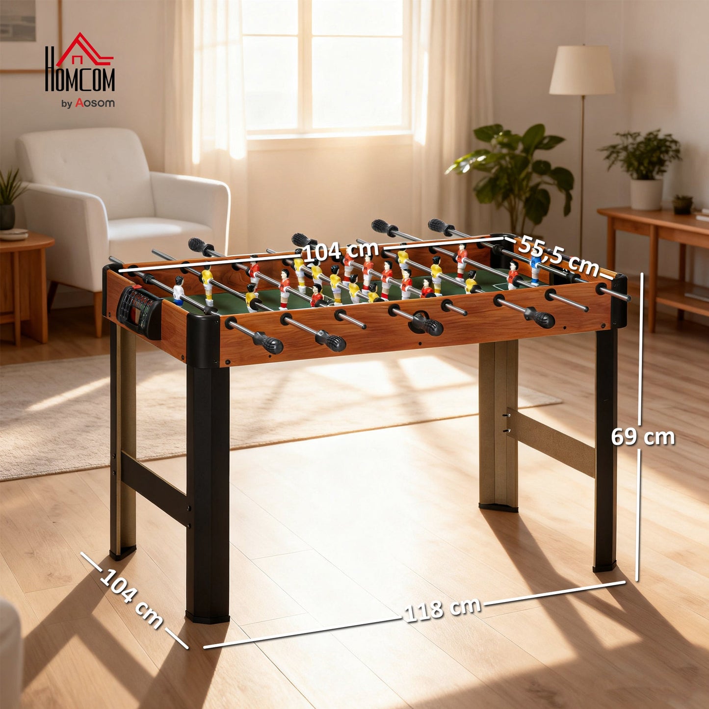 HOMCOM Tischkicker, Tischfußball-Set, 2 Bälle, rutschfeste Griffe, für Kinder und Erwachsene, Punkteanzeige, MDF, Metall, Bunt