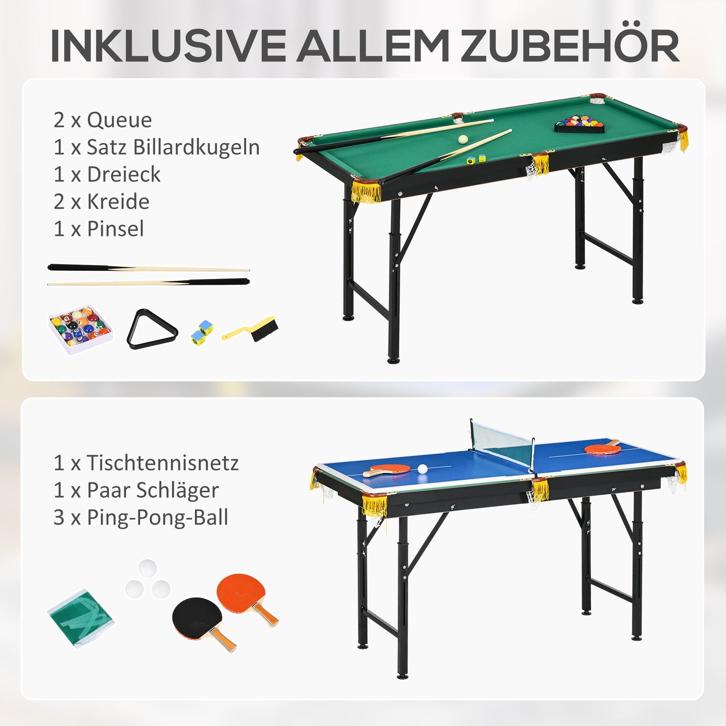 SPORTNOW 2-in-1 Billardtisch, Tischtennisplatte, mit Zubehör, 140x63x80cm, Blau/Grün