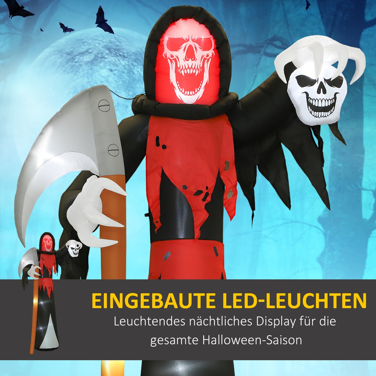 Outsunny Halloween-Dekoration 3,7 m riesiger Sensenmann mit LED-Beleuchtung Leuchtende Luftfigur für Outdoor