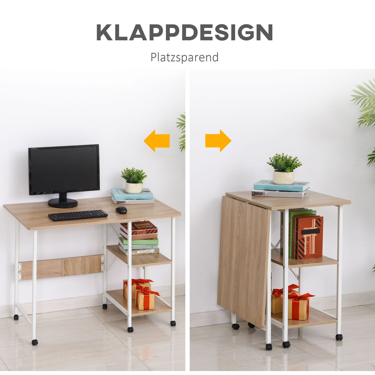 HOMCOM Klapptisch Schreibtisch Beistelltisch Bürotisch Mobiler Computertisch mit Rollen MDF Natur 107 x 55 x 76 cm