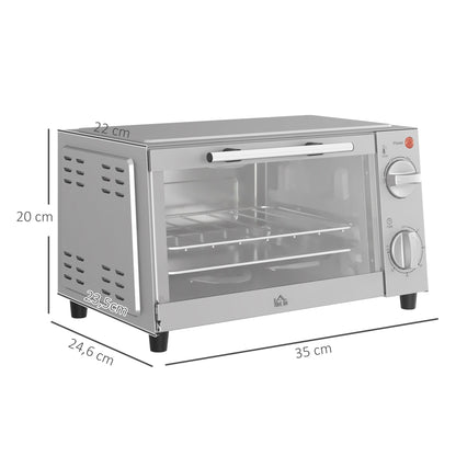 HOMCOM Minibackofen, 9 L Mini-Ofen mit Backblech, Grillrost, mit einstellbarer Temperatur und Garzeit, Edelstahl, Silber