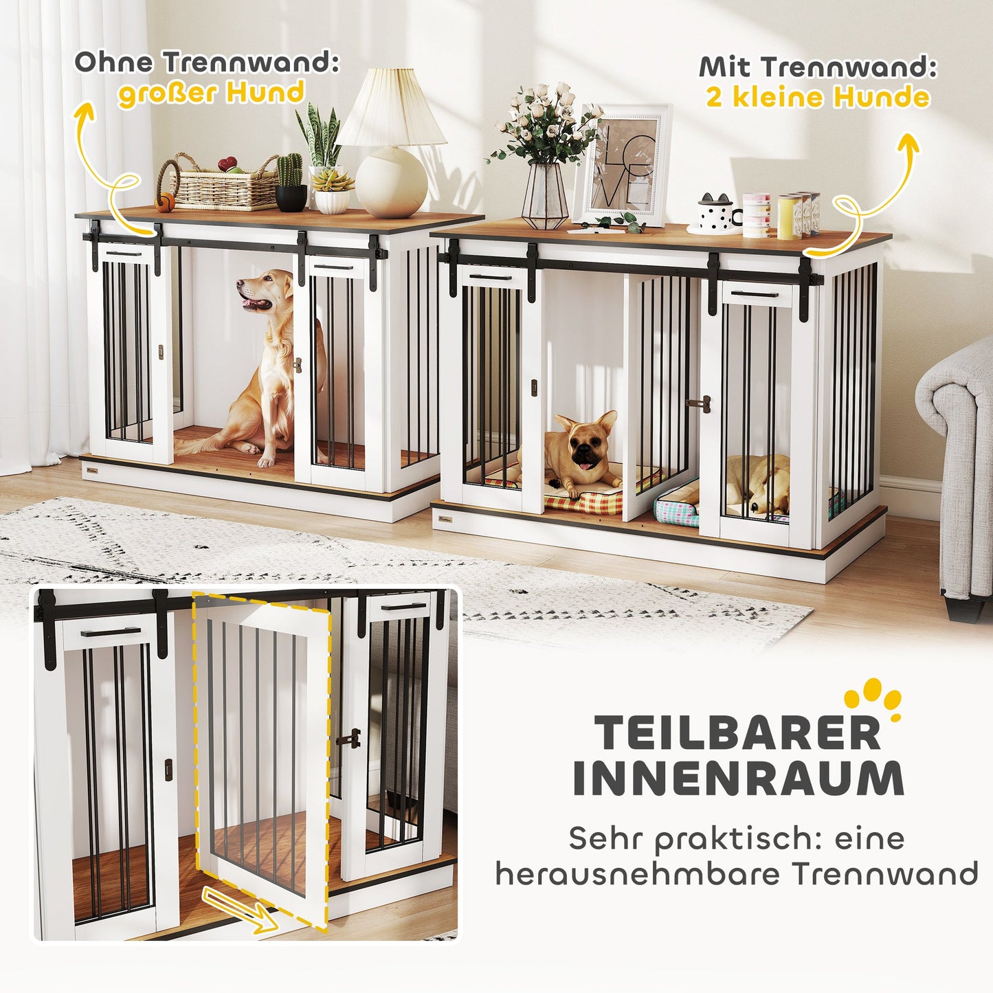 PawHut Hundekäfig mit 2 Türen, Hundebox, Transportbox für Hunde, rustikales Design, verriegelbar, Weiß