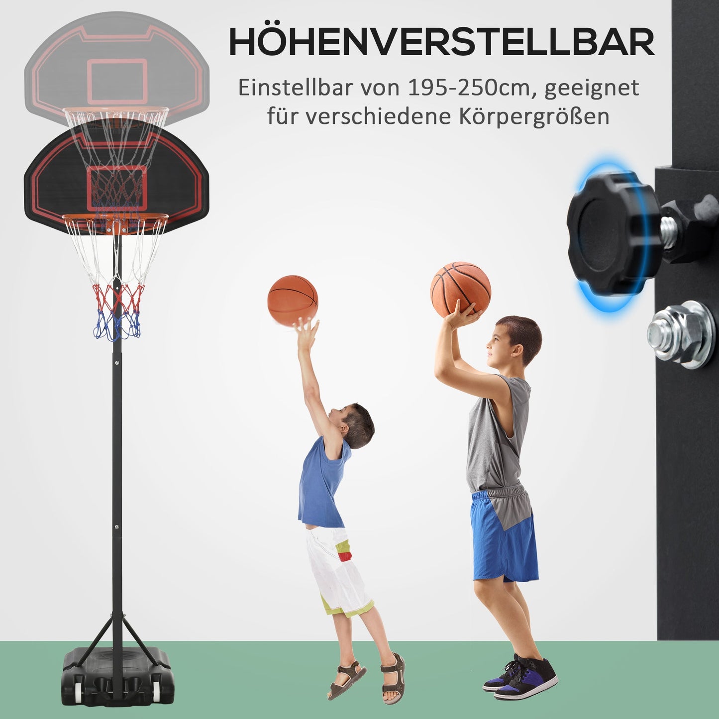 HOMCOM Basketballkorb, höhenverstellbar, befüllbarer Standfuß, hochstabil, schwarz, 131 x 49 x 195-250 cm