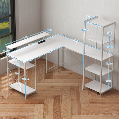 HOMCOM L-förmiger Schreibtisch mit Ladestation, Eck-Computertisch mit Monitorständer und Regalen, für Homeoffice, Büro, Weiß