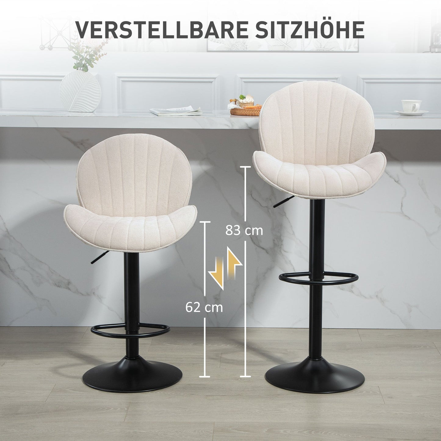 HOMCOM 2er-Set Barhocker, Stoffbezug, verstellbare Sitzhöhe, drehbar, Stahlrahmen, Beige