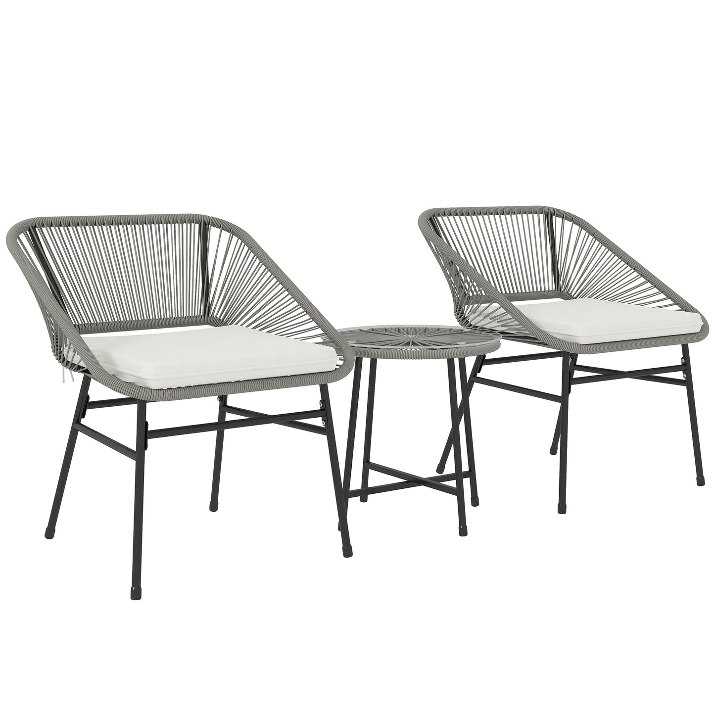 Outsunny 3-teiliges Outdoor-Möbelset, 1 Tisch, 2 Stühle, Rattan-Geflecht, Stahlrahmen, Kaffeetisch mit Glasplatte, Dunkelgrau
