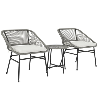 Outsunny 3-teiliges Outdoor-Möbelset, 1 Tisch, 2 Stühle, Rattan-Geflecht, Stahlrahmen, Kaffeetisch mit Glasplatte, Dunkelgrau
