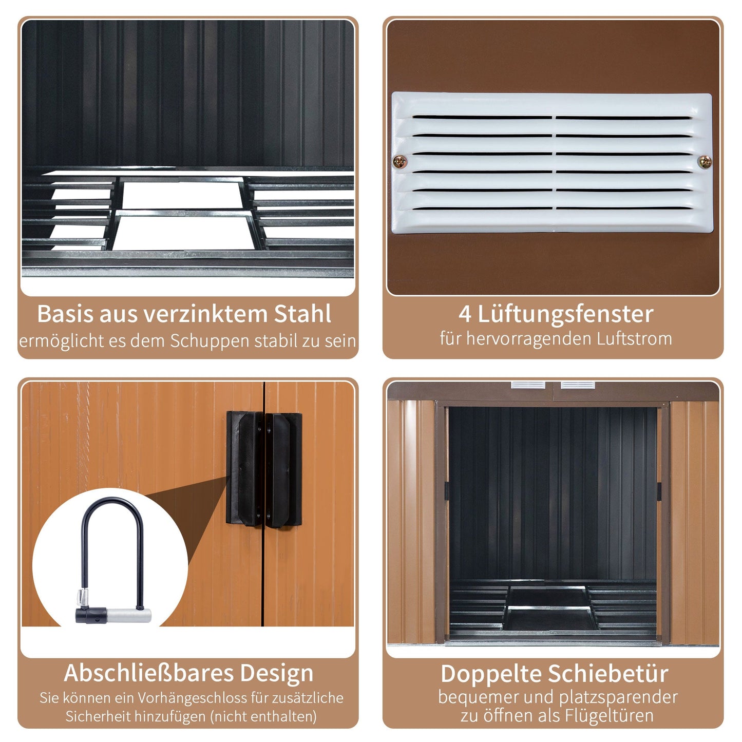 Outsunny Stahl Gerätehaus 20m³ Geräteschuppen Gartenhaus Fahrradschuppen Garten Schuppen Braun 340 x 386 x 200 cm