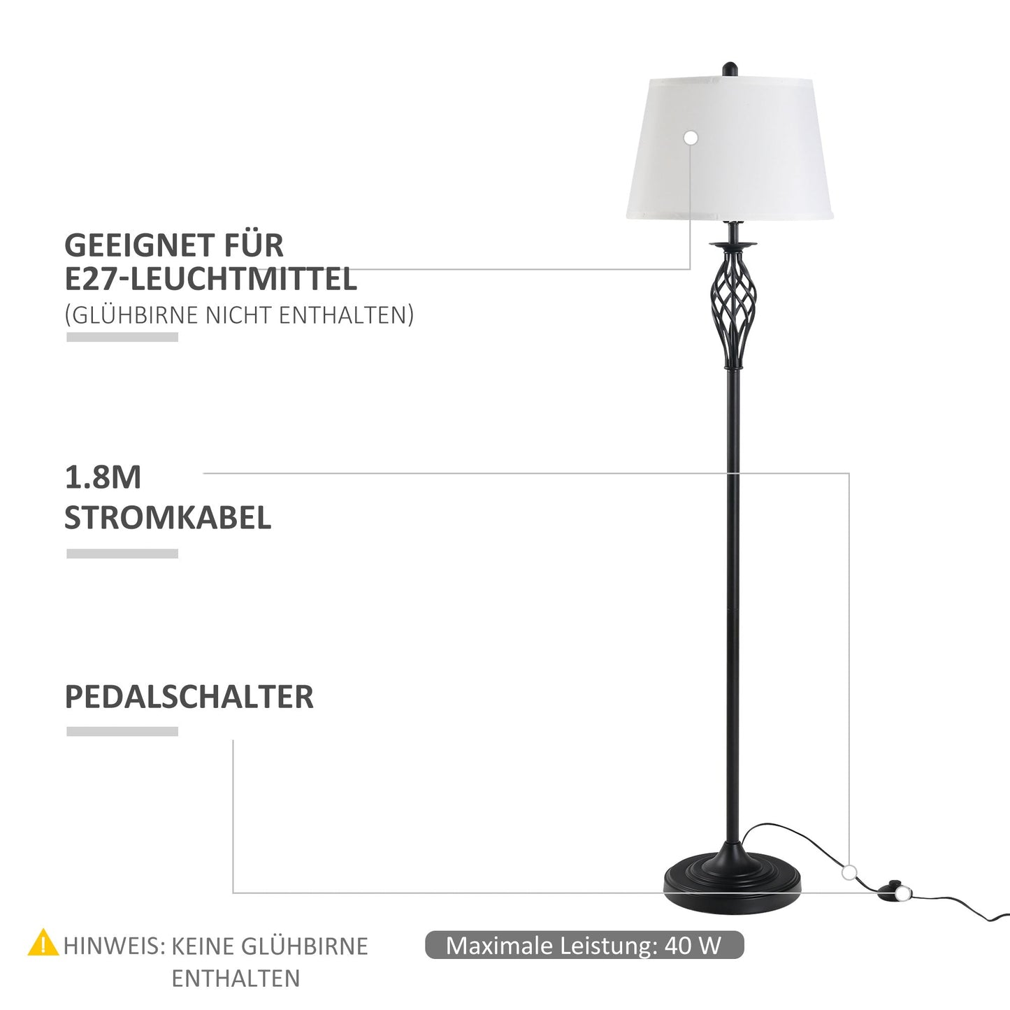 HOMCOM 3er-Lampenset 2 Tischlampe(ø38 x 158H cm) + 1 Stehlampe(ø30 x 62H cm) Vintage Standlampe mit Fußschalter Leselampe für Wohnzimmer, Schlafzimmer Metall, Schwarz+Weiß