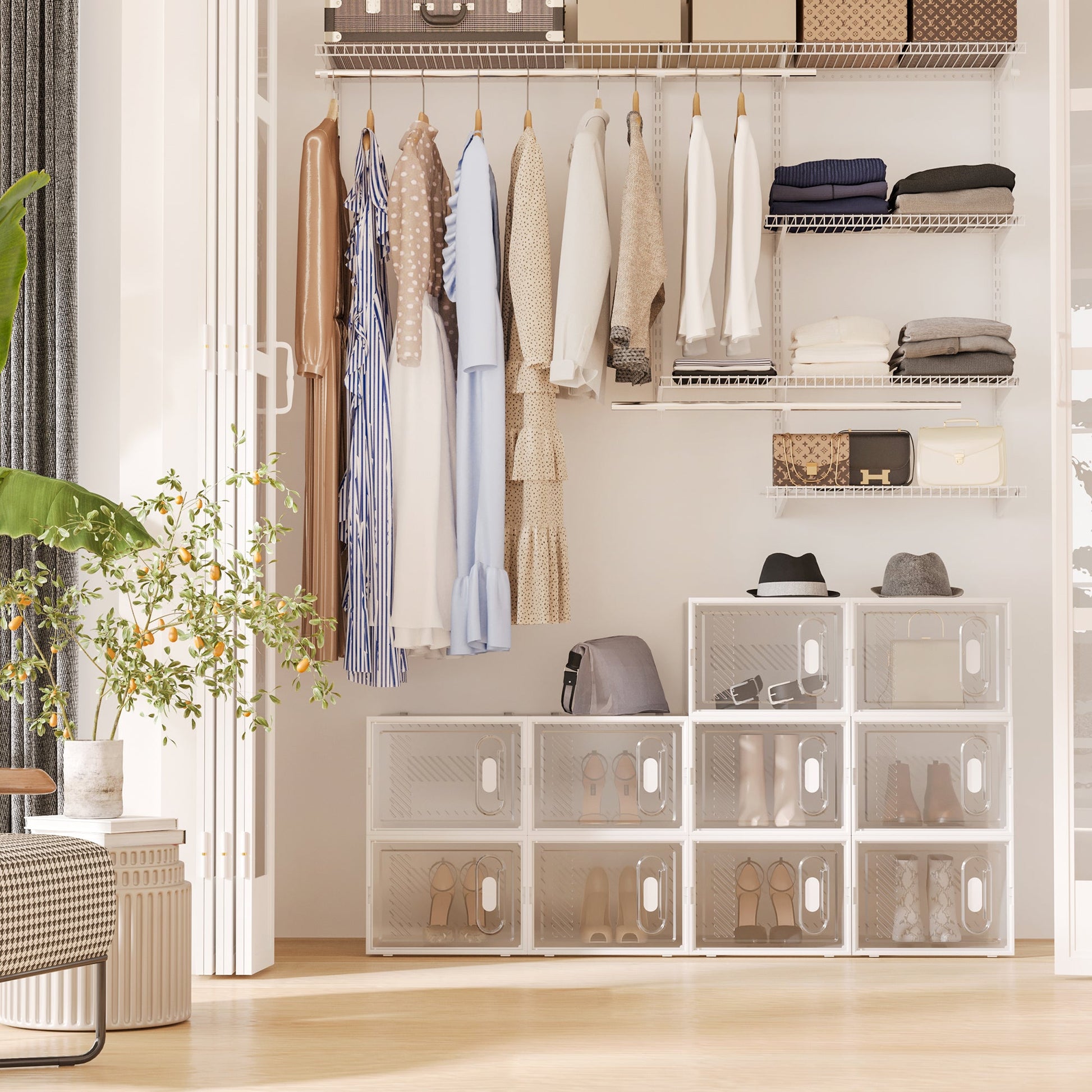 HOMCOM 18-teiliges Schuhregal, stapelbare Schuhboxen für Schuhe bis Größe 45, magnetische Türen, Kunststoff, 28 x 36 x 21 cm