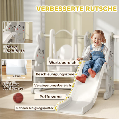 AIYAPLAY 4-in-1 Spielset für Kleinkinder, Rutsche, Schaukel, Klettergerüst, Basketballkorb, Kunststoff, Hasendesign, Grau