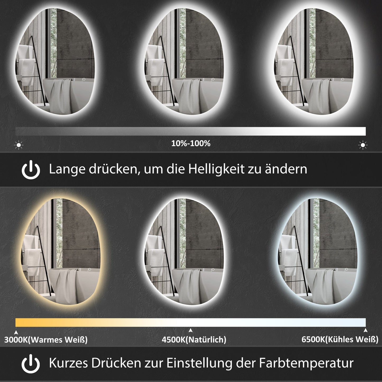 HOMCOM 70 x 50 cm Asymmetrischer Badspiegel mit LED-Licht, Smart Touch Schalter, Anti-Beschlag-Funktion, Silber