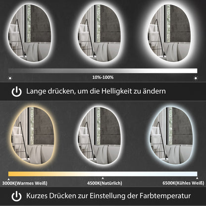 HOMCOM 70 x 50 cm Asymmetrischer Badspiegel mit LED-Licht, Smart Touch Schalter, Anti-Beschlag-Funktion, Silber