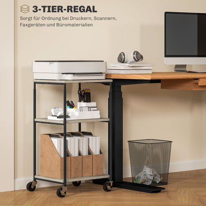HOMCOM Druckerständer mit 3 Ebenen, höhenverstellbar, Mobiler Druckertisch auf Rollen, für Homeoffice, Metall und Holz