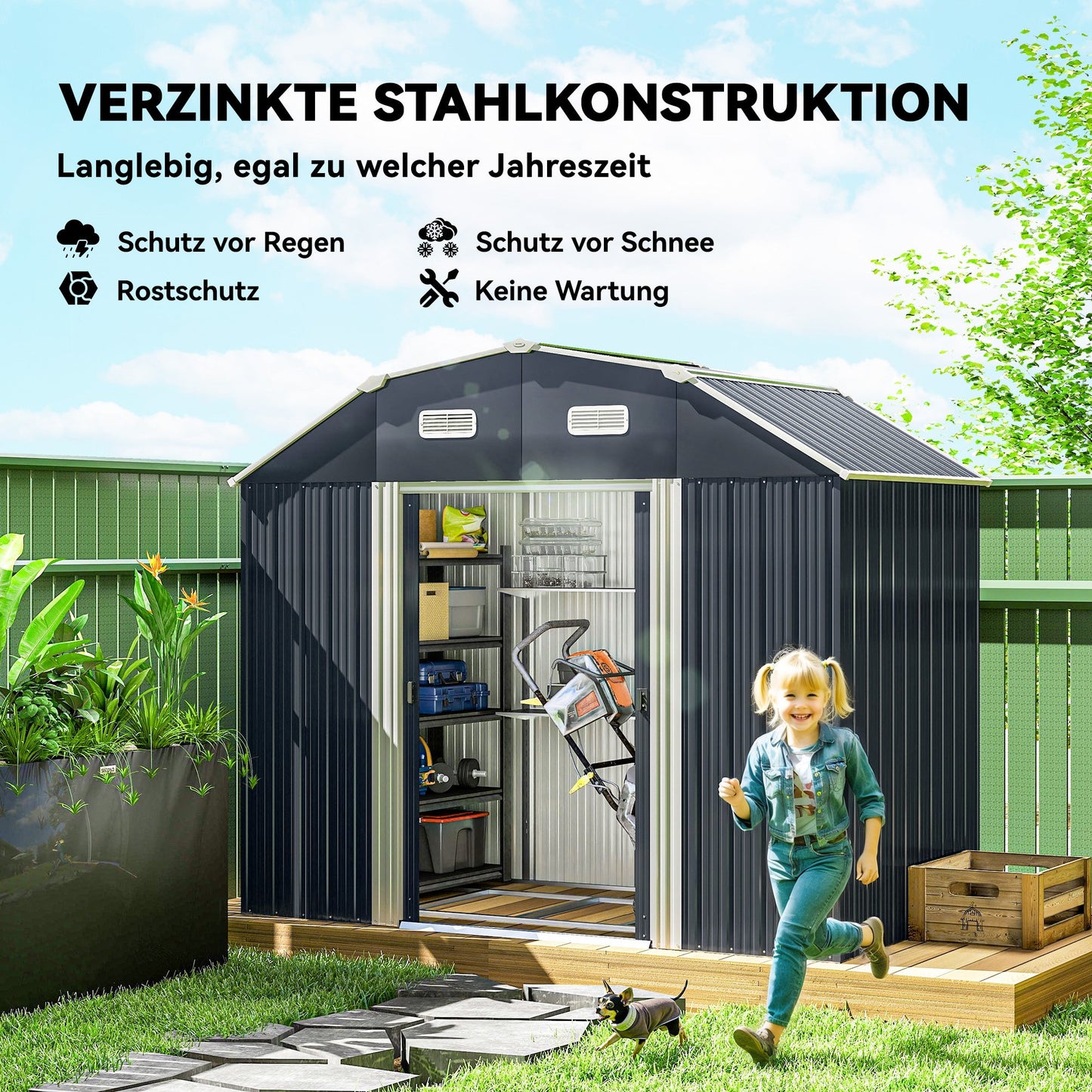 Outsunny Gartenhaus Geräteschuppen Gartenschuppen, wetterbeständig, 2 Fenster, 2 Türen, 238 x 132 x 198,5 cm, Dunkelgrau