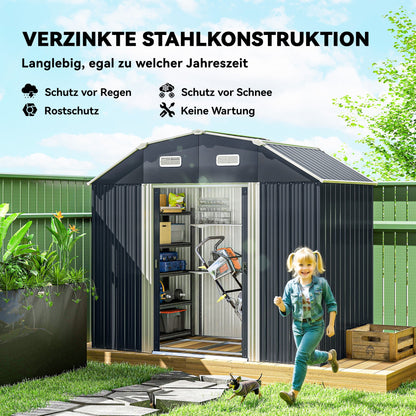 Outsunny Gartenhaus Geräteschuppen Gartenschuppen, wetterbeständig, 2 Fenster, 2 Türen, 238 x 132 x 198,5 cm, Dunkelgrau