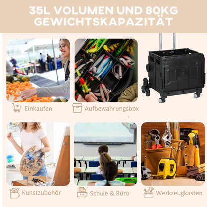 HOMCOM Einkaufswagen Einkaufstrolley, Treppensteiger, klappbar, Teleskopgriff, bis max. 65 Kilo belastbar, Schwarz