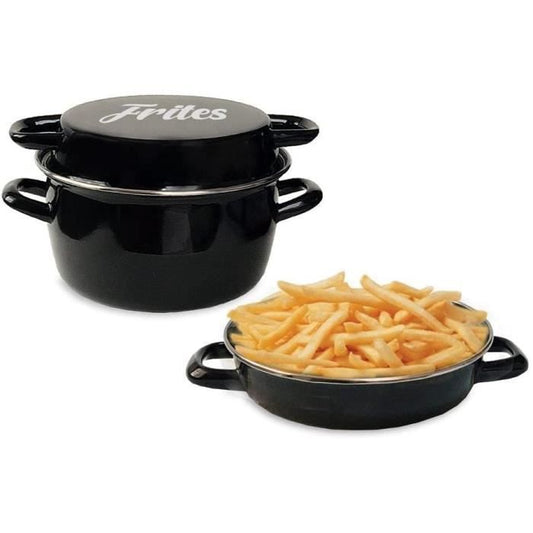 26 cm black enamel fryer with basket and glass lid