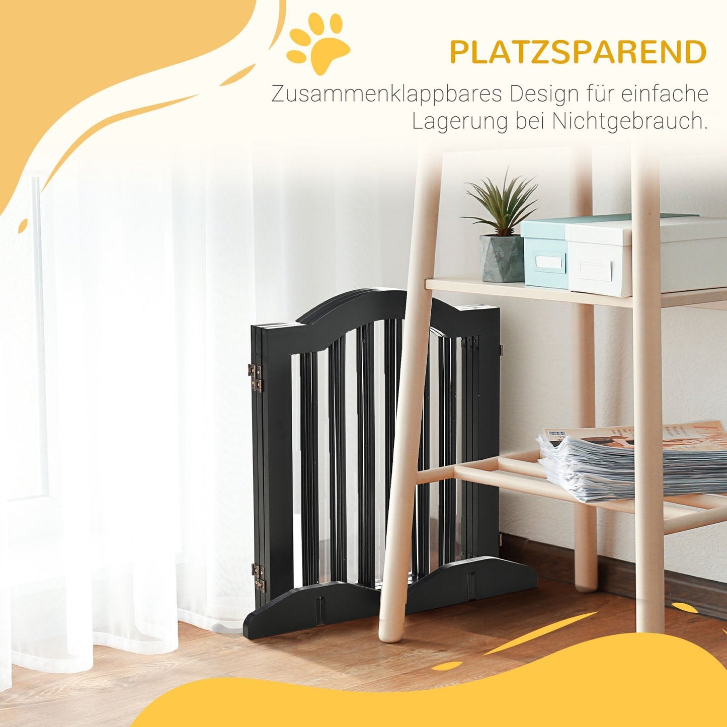PawHut Absperrgitter Hund 3-teilig, 154,5 x 61 cm Faltbar Hundegitter mit Tür, Türschutzgitter mit 2 Stützfüßen, Freistehend Treppengitter für Küche, Flur, Schwarz