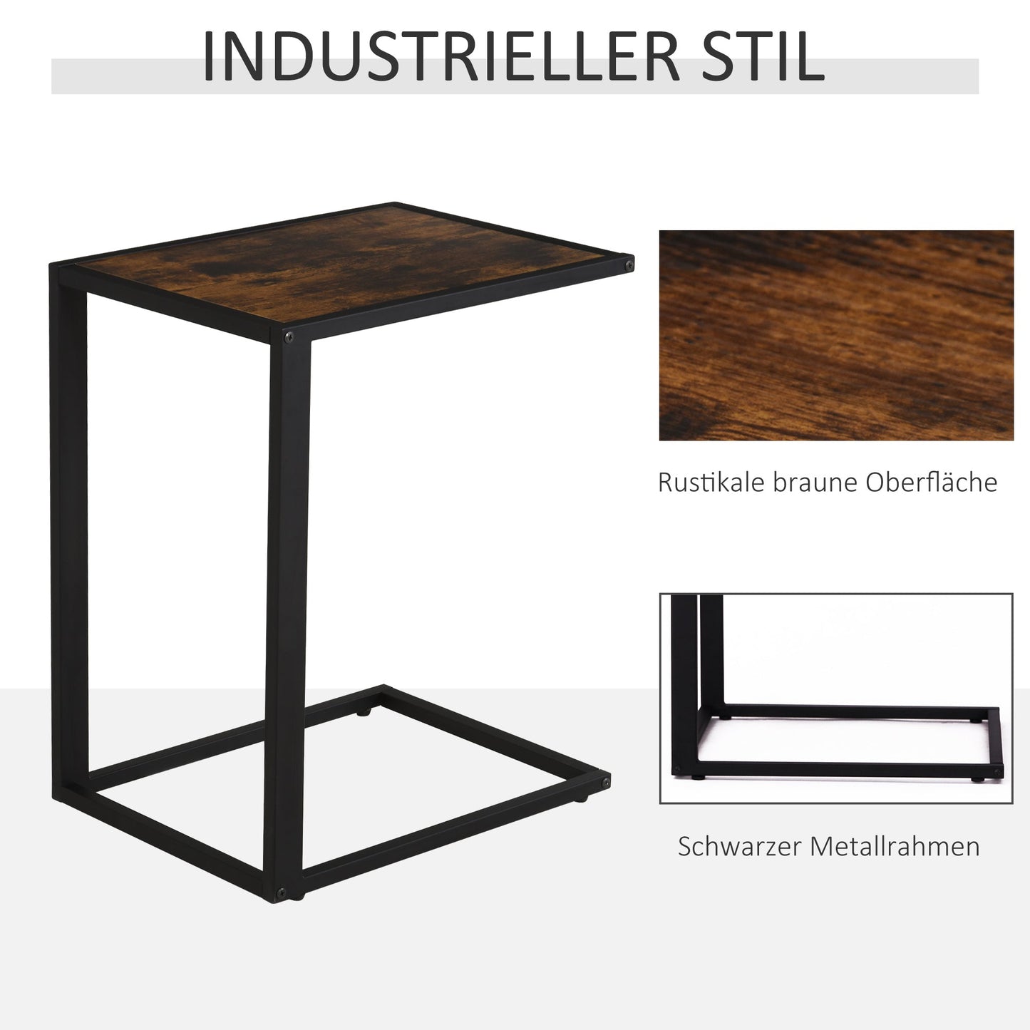 HOMCOM Beistelltisch in C-Form Kaffeetisch Couchtisch Laptoptisch für Schlafzimmer und Wohnzimmer kleiner Bereich mit Metallgestell Industrie-Stil Metall MDF Rustikal-Braun 40,6 x 50,8 X 64,2 cm