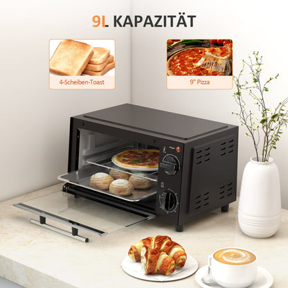 HOMCOM Mini-Backofen, 9 Liter Fassungsvermögen, Einstellbare Temperatur und Garzeit, mit Grillrost und Backblech, Schwarz