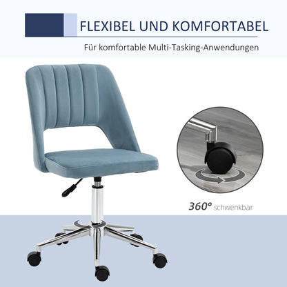 Vinsetto Schreibtischstuhl, Höhenverstellbar Homeoffice Stuhl ohne Armlehne, drehbar Bürostuhl mit Samtoptik, Ergonomisch Schminkstuhl für Schlafzimmer, Arbeitszimmer, Blau