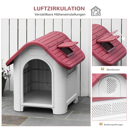 PawHut Hundehütte Outdoor Hundehaus mit Dachluke Tor Unterschlupf für kleine Hunde Kleintierstall Luftzirkulation wasserdicht Metall Kunststoff Rot+Hellgrau 59 x 75 x 66 cm