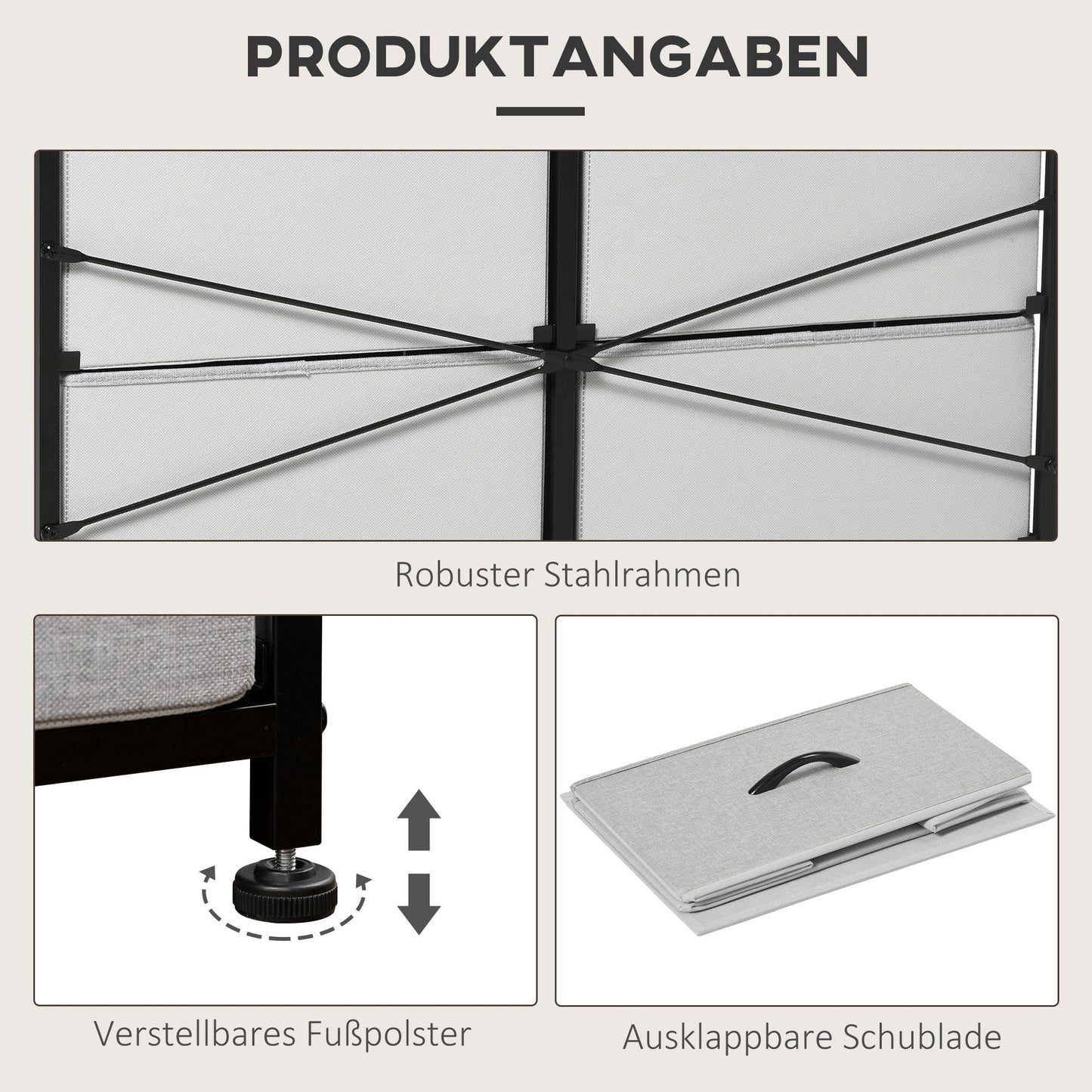 HOMCOM Kommode mit 8 Stoffschubladen, Metallrahmen, Ablage, 80x30x81,5 cm, Grau/Schwarz