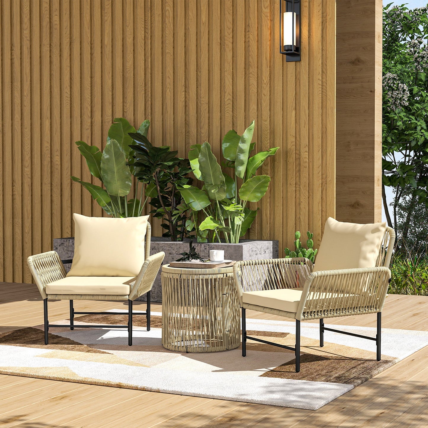Outsunny Polyrattan Gartenmöbel Set, Outdoor Balkonmöbel für 2 Personen, 3-teilig mit 2 Stühle, Beistelltisch Sitzkissen