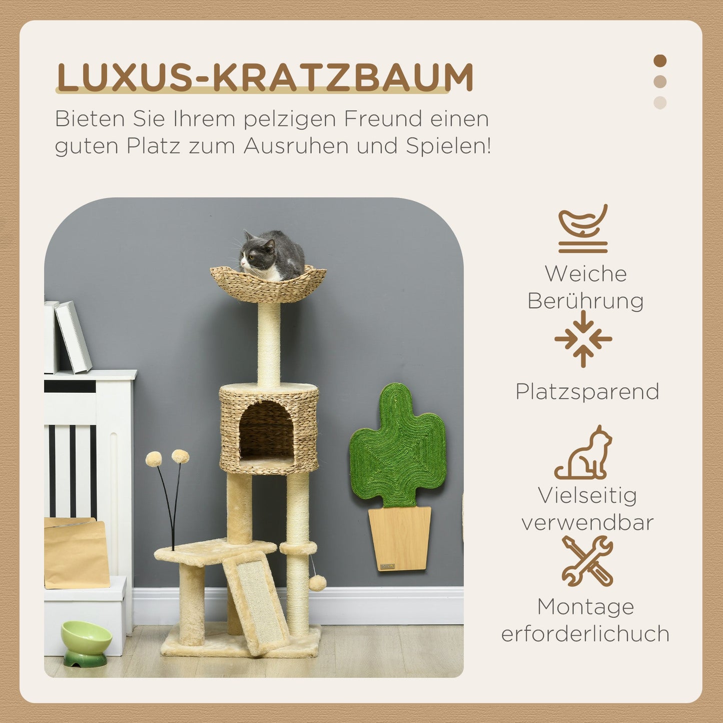 PawHut Kratzbaum mit Katzenhöhle, Liegeplattform, Spielball, 45x40x116cm, Braun/Beige