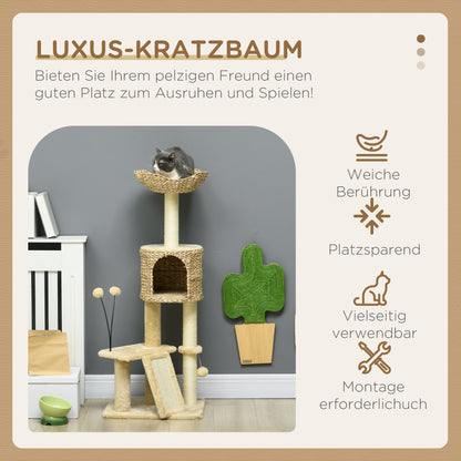 PawHut Kratzbaum mit Katzenhöhle, Liegeplattform, Spielball, 45x40x116cm, Braun/Beige