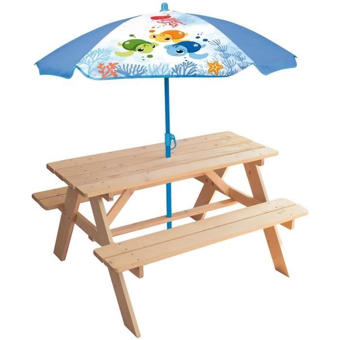 Garden furniture - FUN HOUSE - Ma Petite Carapace wooden picnic table H.53xL.95xP.100 cm with turtle parasol H.125x100 cm