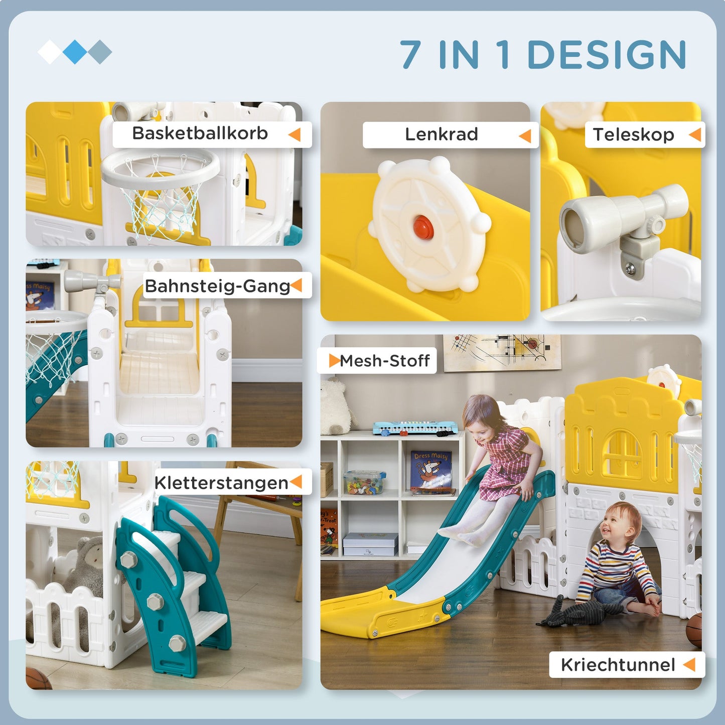 AIYAPLAY Kinderrutsche, 7-in-1 Spielgerüst, mit Basketball & Lenkrad, für 1-3 Jahre, 178x177x99cm, Gelb/Weiß/Grün