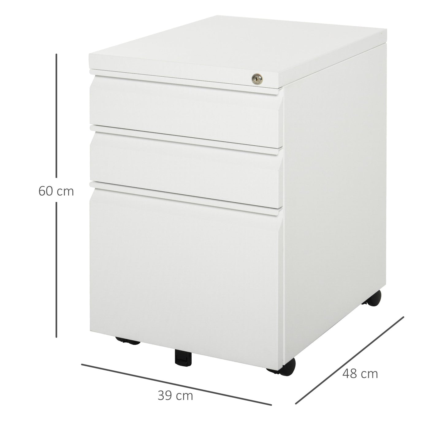 HOMCOM Rollcontainer mit 3 Schubladen mobiler Aktenschrank mit Rollen abschließbar Büroschrank mit konkavem Griff, Schubladenschrank für Büro, Homeoffice, 39 x 48 x 60 cm, Weiß