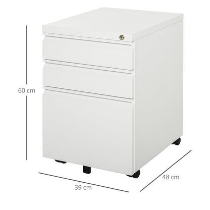 HOMCOM Rollcontainer mit 3 Schubladen mobiler Aktenschrank mit Rollen abschließbar Büroschrank mit konkavem Griff, Schubladenschrank für Büro, Homeoffice, 39 x 48 x 60 cm, Weiß