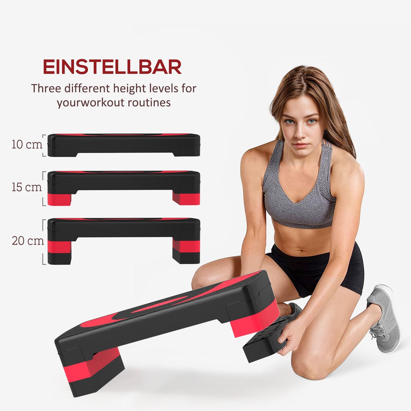 HOMCOM Aerobic-Stepper, höhenverstellbar, für Indoor und Outdoor, Belastbarkeit bis 150 kg, 80 x 31 x 10-20 cm, Rot