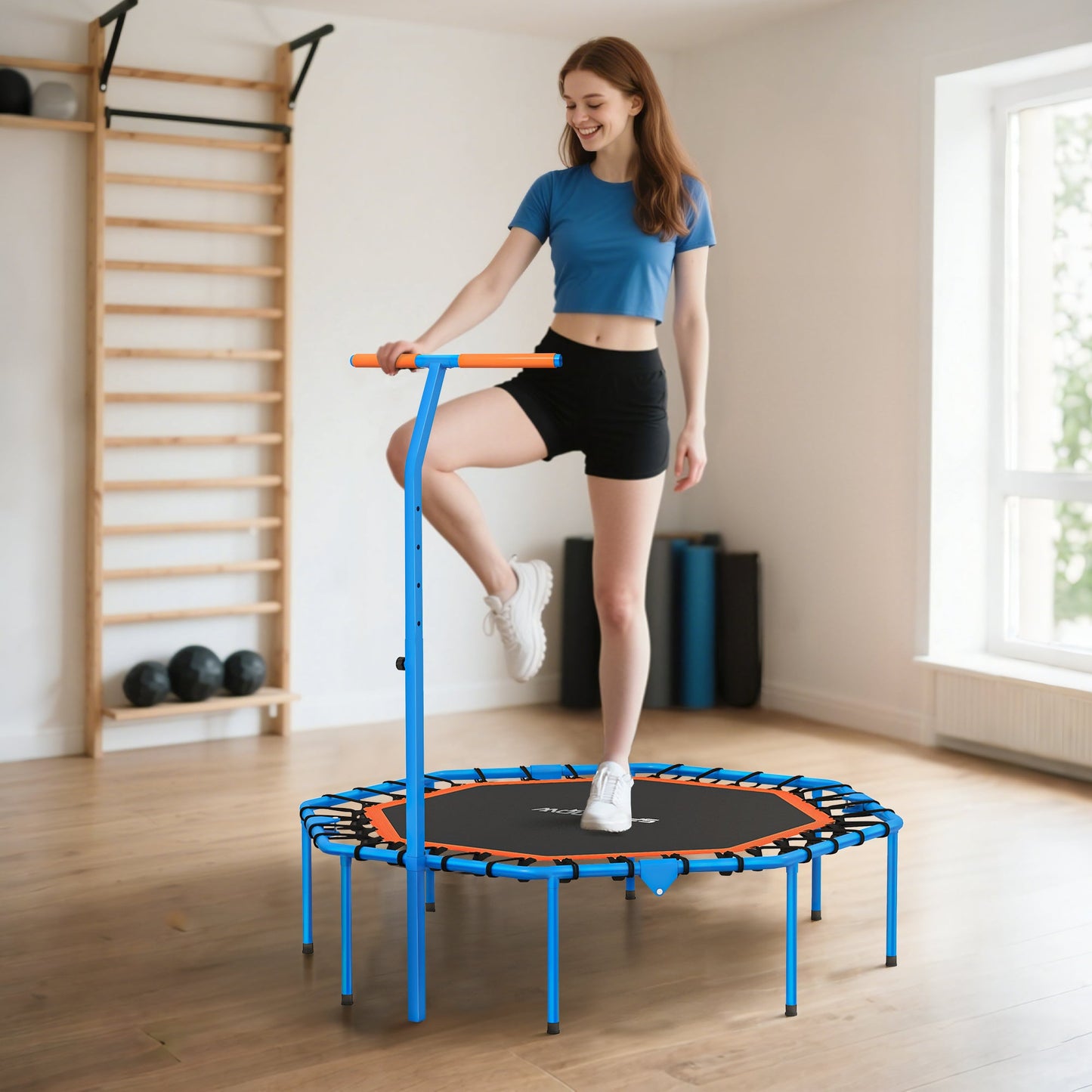 SPORTNOW Fitness-Trampolin, Trainingstrampolin mit verstellbarem Haltegriff, stabil und leise, für drinnenf, Stahl, Blau