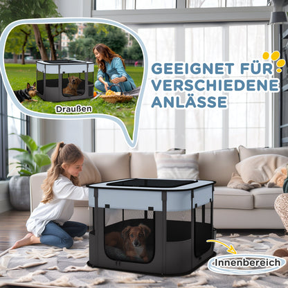 PawHut Spielgehege für Haustiere, faltbar, mit Aufbewahrungstasche, für Welpen und Kätzchen, drinnen und draußen, Grau