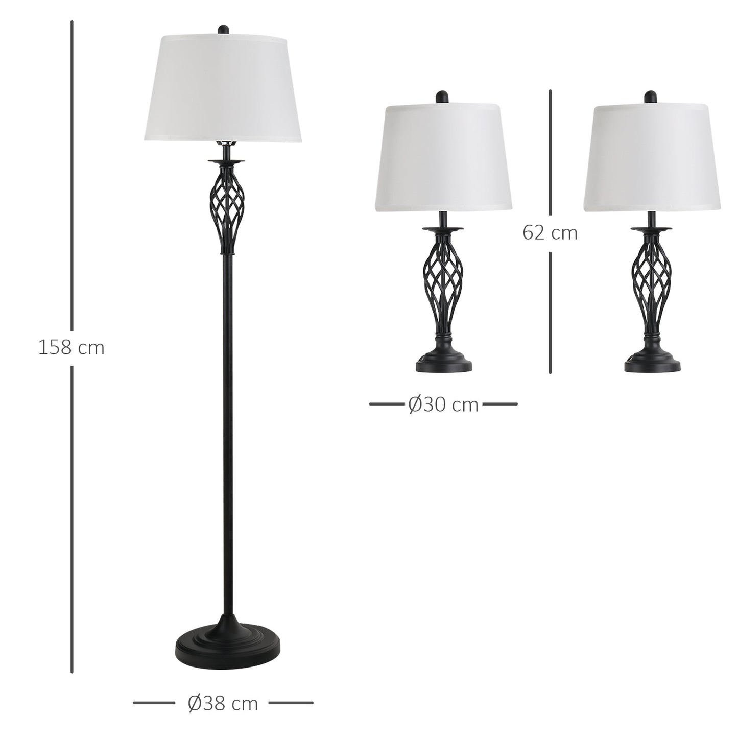 HOMCOM 3er-Lampenset 2 Tischlampe(ø38 x 158H cm) + 1 Stehlampe(ø30 x 62H cm) Vintage Standlampe mit Fußschalter Leselampe für Wohnzimmer, Schlafzimmer Metall, Schwarz+Weiß