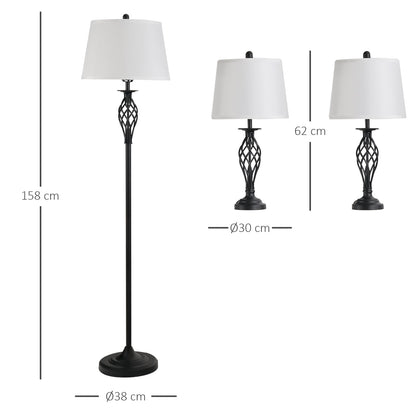 HOMCOM 3er-Lampenset 2 Tischlampe(ø38 x 158H cm) + 1 Stehlampe(ø30 x 62H cm) Vintage Standlampe mit Fußschalter Leselampe für Wohnzimmer, Schlafzimmer Metall, Schwarz+Weiß