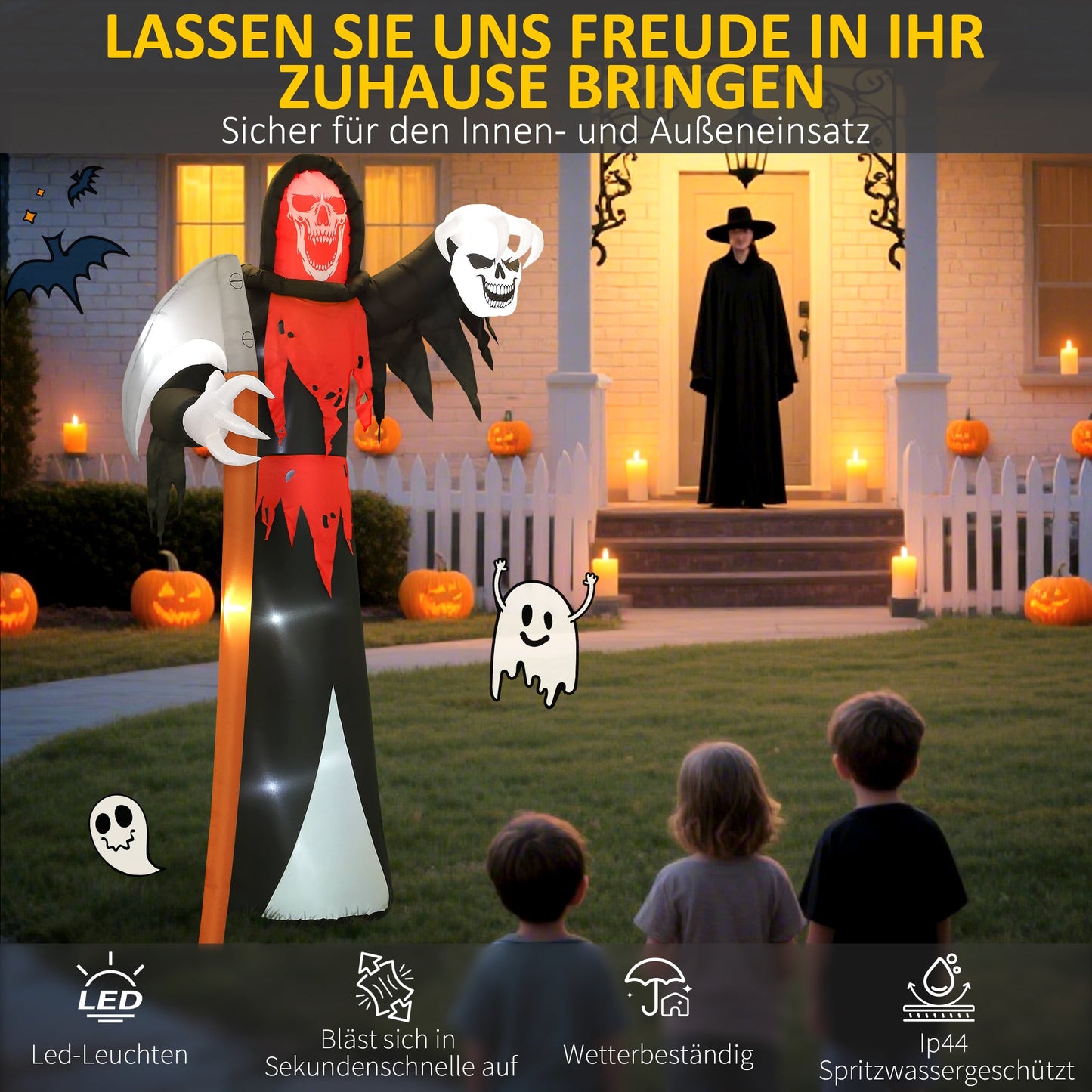 Outsunny Halloween-Dekoration 3,7 m riesiger Sensenmann mit LED-Beleuchtung Leuchtende Luftfigur für Outdoor