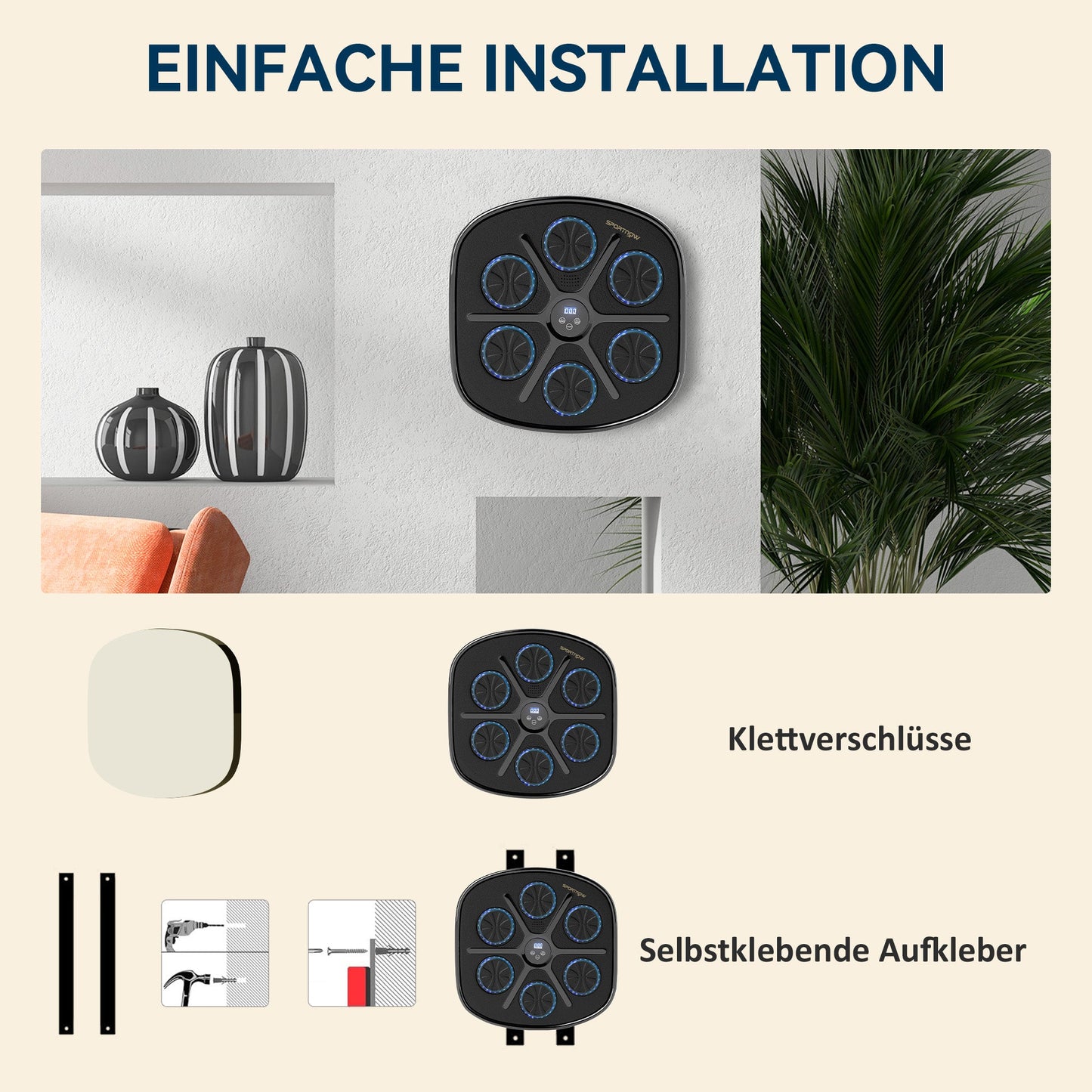 SPORTNOW Musik-Boxmaschine, Rhythmisches Boxgerät, 9 Modi, Bluetooth, LED-Lichter, mit Boxhandschuhen, Schwarz