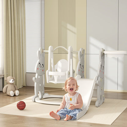 AIYAPLAY 4-in-1 Spielset für Kleinkinder, Rutsche, Schaukel, Klettergerüst, Basketballkorb, Kunststoff, Hasendesign, Grau