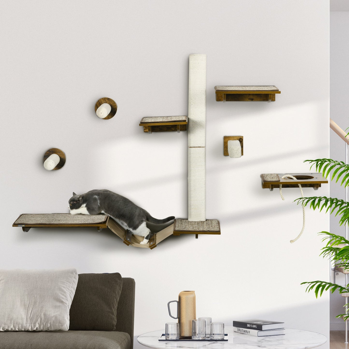 PawHut Katzentreppen-Set, Kletterwand, 8-teilig, bis 8 kg, robust, Braun/Cremeweiß