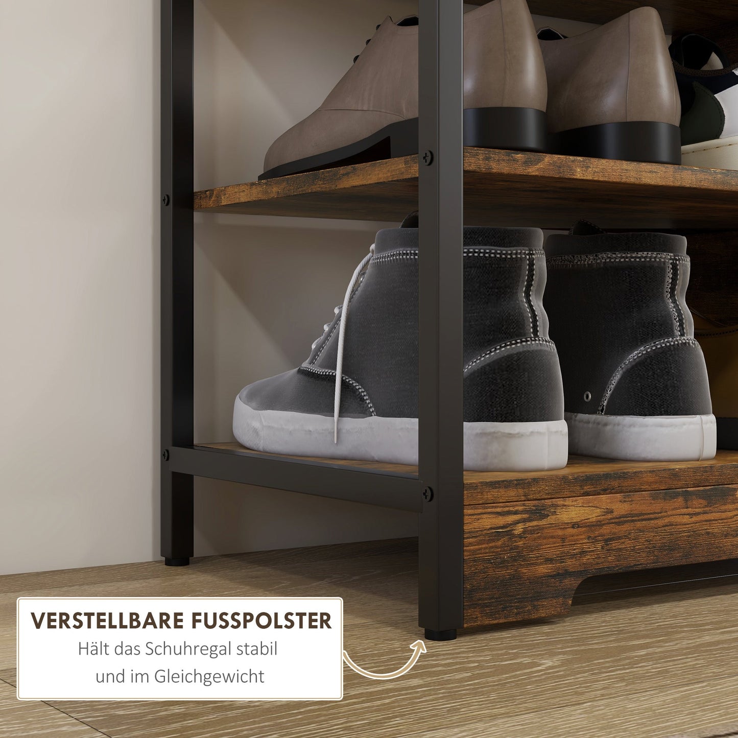 HOMCOM Schuhregal 4-stufig, offenes Design, Metallrahmen, verstellbare Füße, 70x30x65 cm, Braun/Schwarz