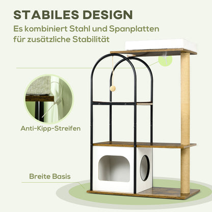 PawHut Kratzbaum, 4 Etagen, Katzenhaus, Spielball, Kippschutz, 80x40x118,5 cm, Braun/Weiß