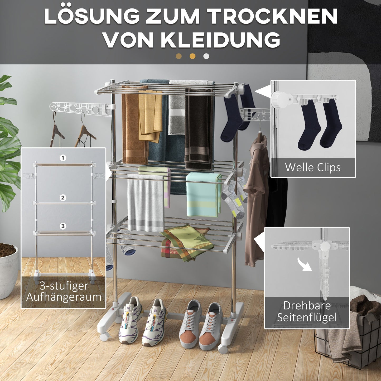 HOMCOM Mobiler Wäscheständer, Wäschetrockner, 3 Ebenen, klappbar, Silber + Weiß