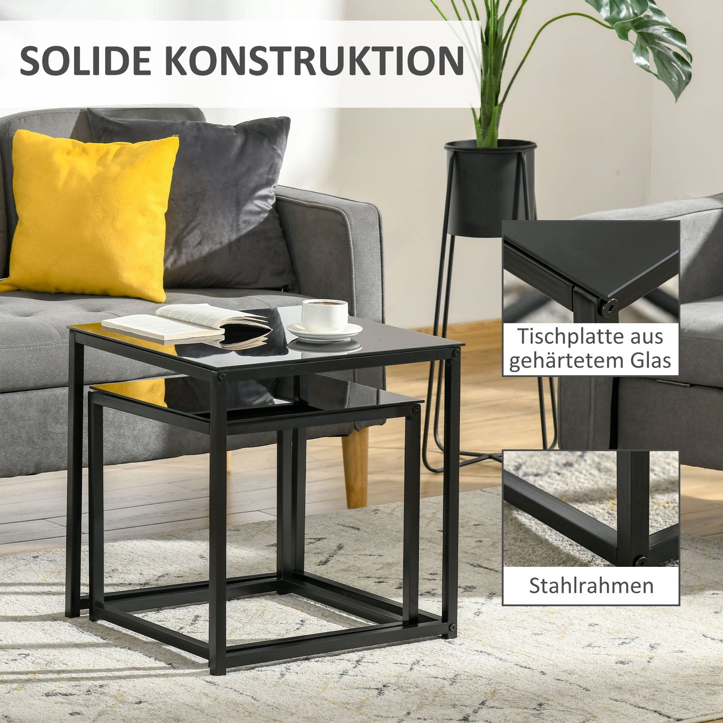 HOMCOM 2er-Set Beistelltische, modernes Design, stapelbar, Glastisch, Schwarz