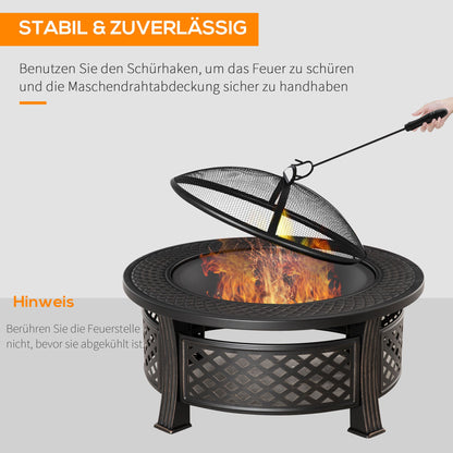 Outsunny Feuerschale mit Schürhaken Funkenschutz Feuerkorb Feuertisch rund Feuerstelle für Garten Camping BBQ Stahl Schwarz 81 x 81 x 50 cm