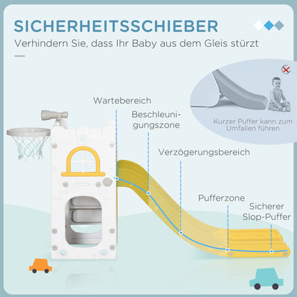 AIYAPLAY Kinderrutsche, 4 in 1, Kleinkinderrutsche mit Basketballkorb, Teleskop Klettergerüst Gelb 70 x 177 x 92 cm